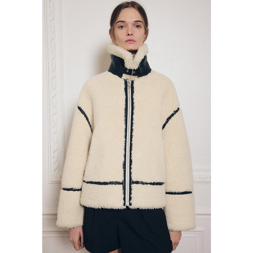 Zara Fleece Biker Jacket ZW Collection Ecru - M - Picture 4 of 8